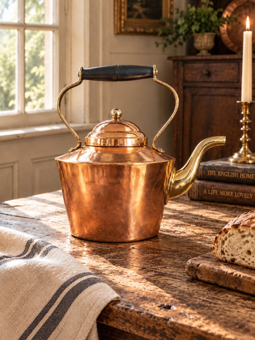 Vintage Tagus Copper & Brass Tea Kettle With Wood Handle Made in Portugal